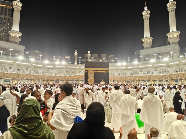 Pilgrims performing Tawaf around the Kaaba in Masjid al-Haram, Makkah