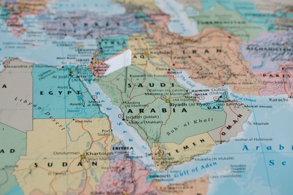 GCC countries map showing Saudi Arabia and Gulf states with travel routes
