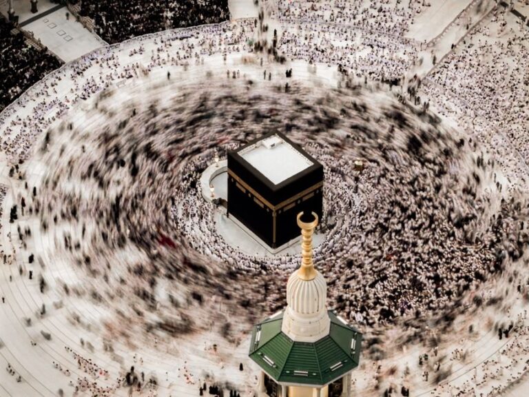 Umrah pilgrims performing tawaf at Masjid al-Haram in Makkah