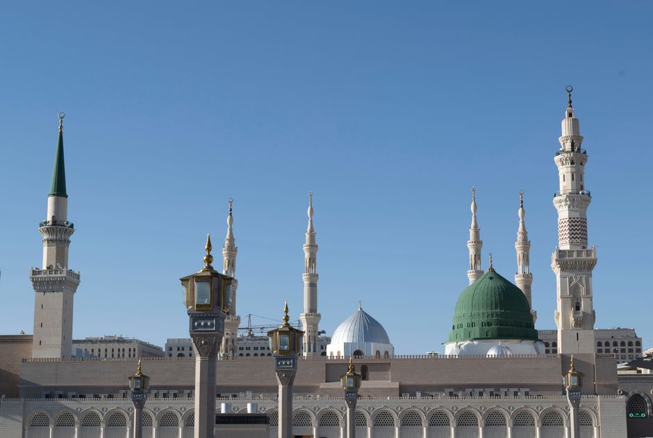 The green carpet area of Al-Rawdah Al-Sharif at Prophet's Mosque in Madinah