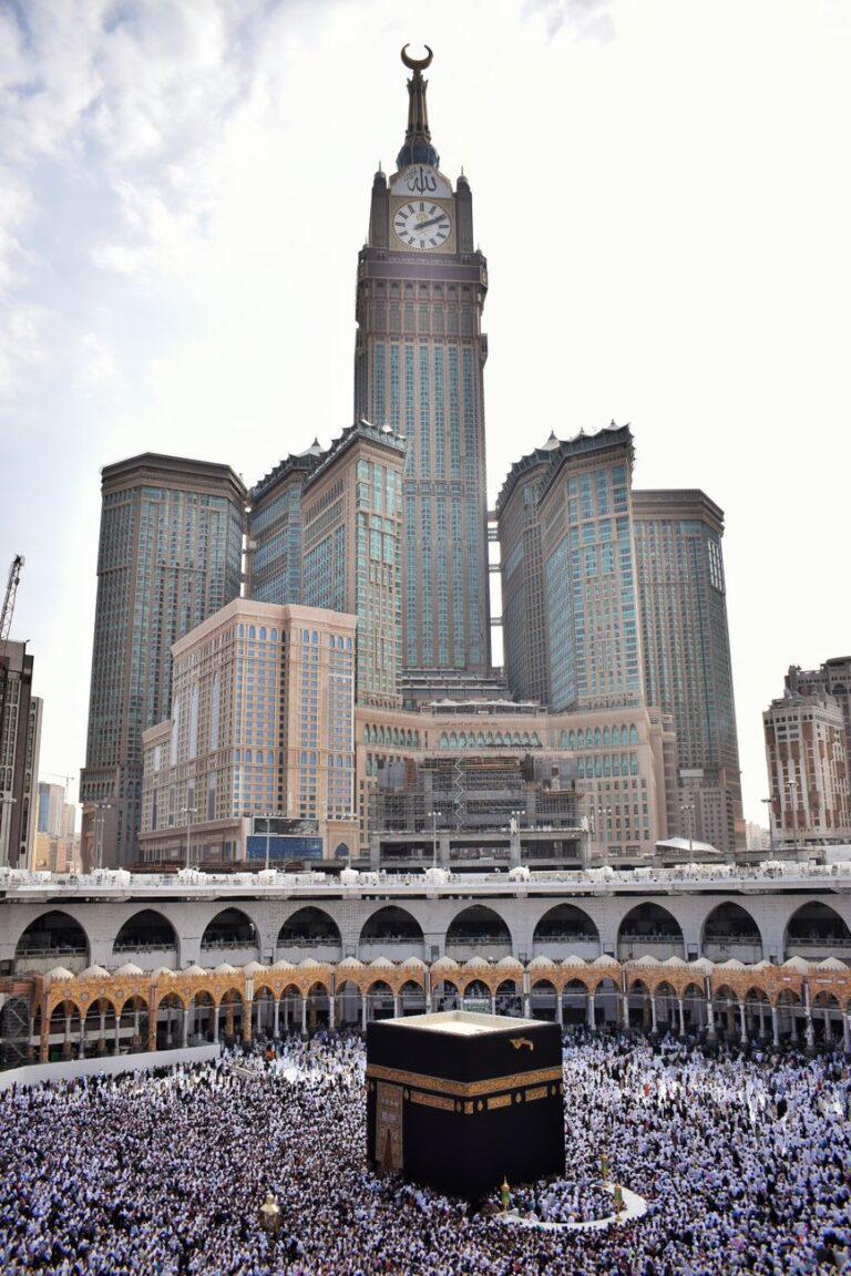 Makkah Clock Tower hotel exterior view from Haram courtyard