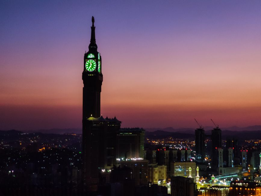 Silhouette of the Makkah Royal Clock Tower at dusk