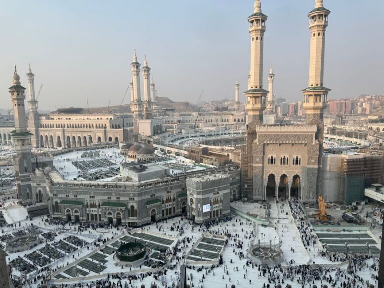 Aerial view of Masjid al-Haram and Kaaba in Mecca with pilgrims gathered for prayer